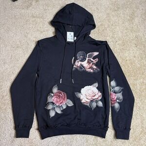 Majestik Hoodie Mens M Black Shooting Angel Tapestry Rose NWT